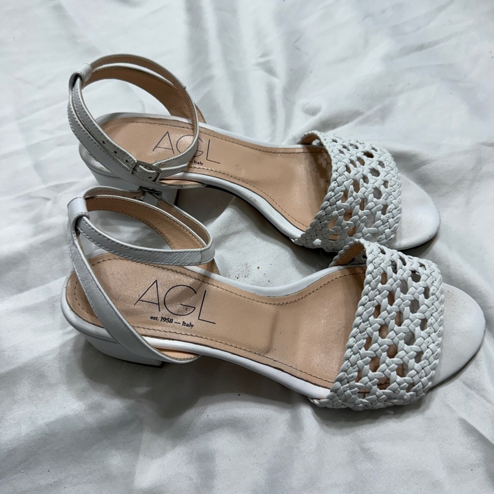 AGL White Woven Leather Ankle-Strap Sandals